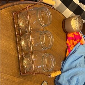 Three Glass Mason Jars with Copper Rose Wire Holder